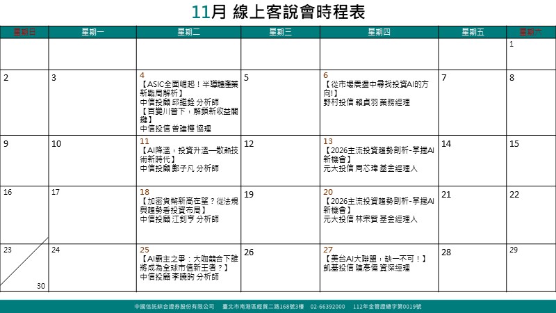 【線上說明會時程表】最新! 11月線上投資說明會一次看