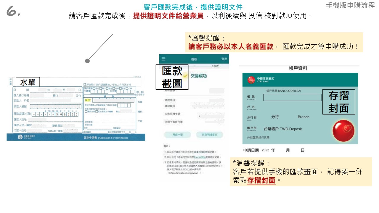 中信證ETF募集申購，手機版申購流程，請客戶匯款完成後，提供證明文件給營業員，以利後續與 投信 核對款項使用。