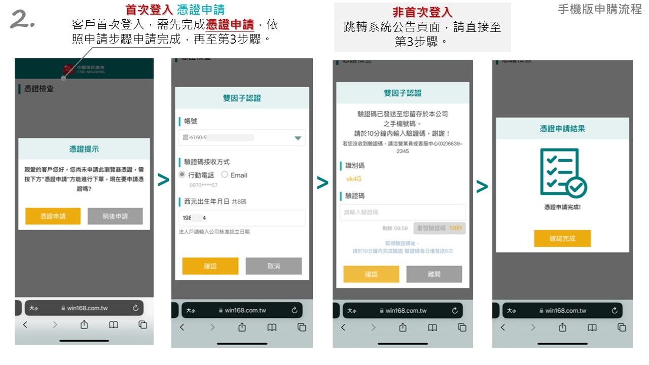中信證ETF募集申購，手機版申購流程，客戶首次登入，需先完成憑證申請，依照申請步驟申請完成，再至第3步驟。非首次登入  跳轉系統公告頁面，請直接至第3步驟。